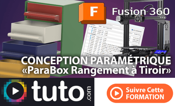 Formation vidéo sur la modélisation paramétrique et l'impression 3D avec Fusion 360, enseignant la création d'une boîte de rangement à 4 tiroirs avec dimensions personnalisables, incluant l'automatisation des cotes via Excel