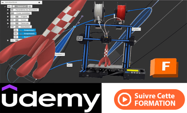 Impression 3D en 2 couleurs avec Fusion 360 en modélisant la fusée de Tintin, apprenant à utiliser des outils de dessin 2D et de conception 3D pour créer un modèle hyper réaliste à partir d'une photo.