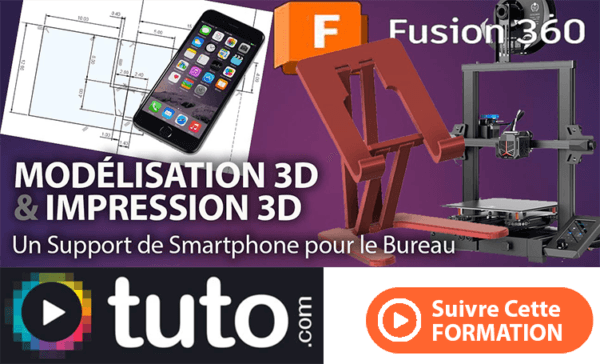 Modélisation et impression 3D d'un support de smartphone pliable, avec des compétences en esquisses 2D, modélisation 3D et impression en flat print enseignées dans une formation vidéo 'Fusion 360 pour l'impression en 3D'