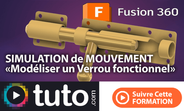 Formation Fusion 360 sur la modélisation, l'assemblage et la simulation d'un verrou à glissière pour porte, guidant les utilisateurs à modéliser chaque composant et à simuler leur mouvement pour vérifier le mécanisme