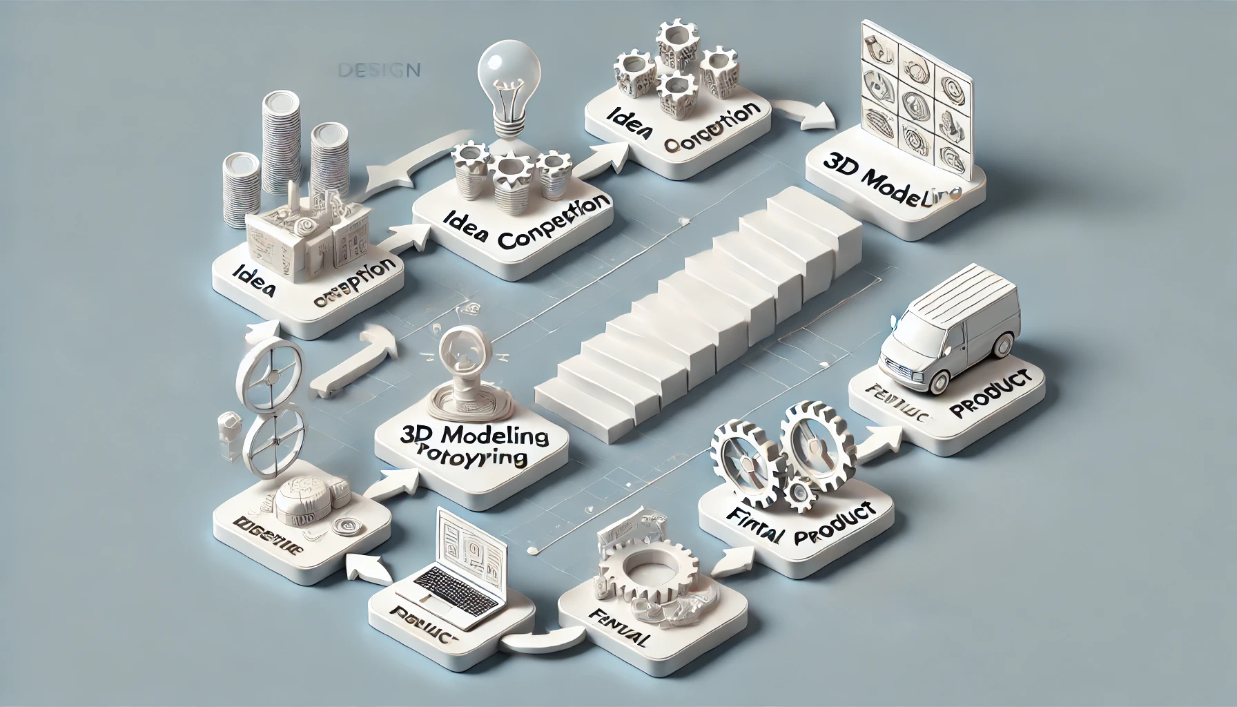 Diagramme du processus de conception et de modélisation 3D suivre des cours conception 3d avec C3DF.fr à chaque étape, de la conception à la création du produit final.