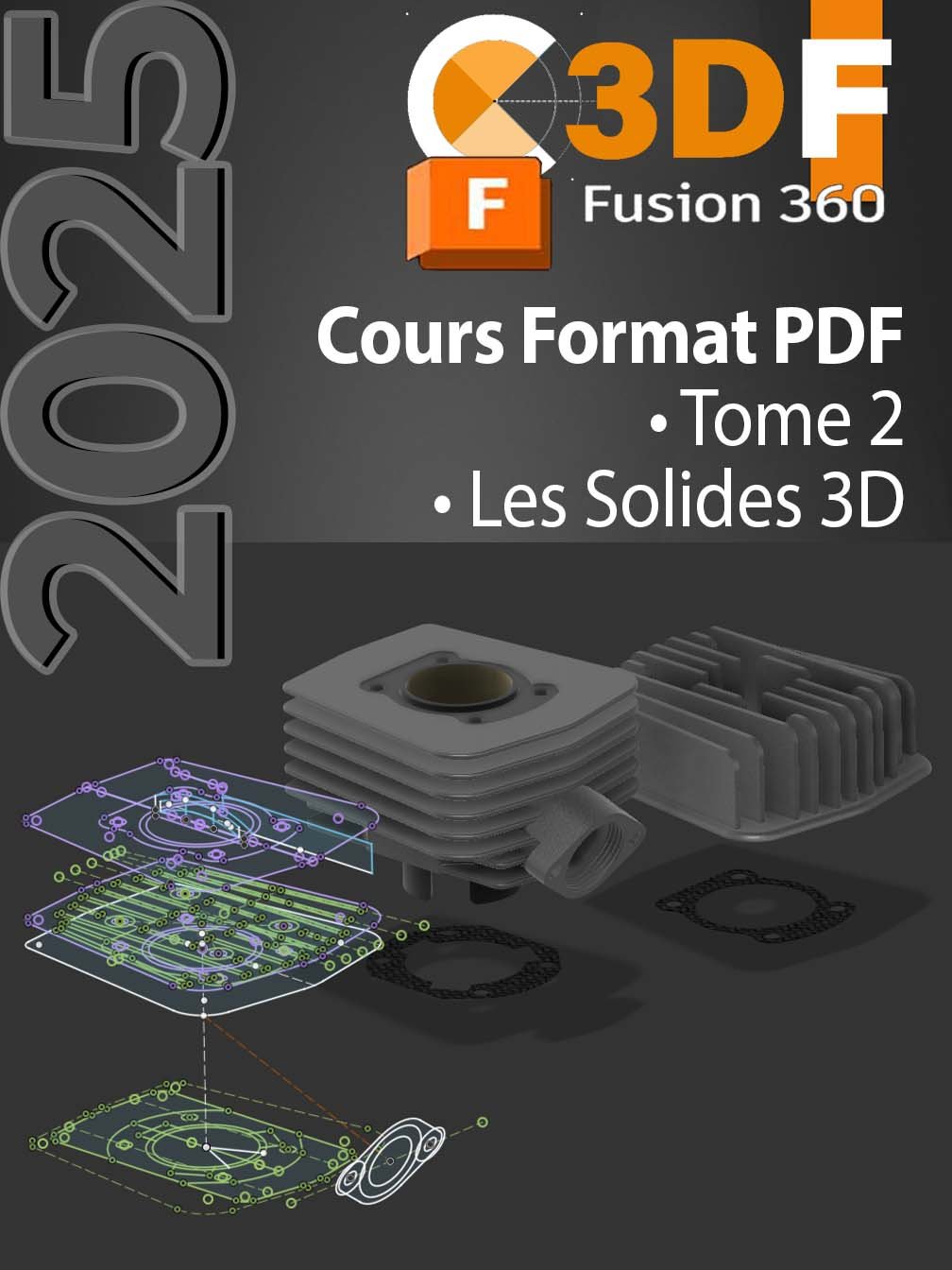 Modélisation 3D des solides du moteur 2 temps, montrant la conversion des esquisses 2D en modèles 3D dans Fusion 360.