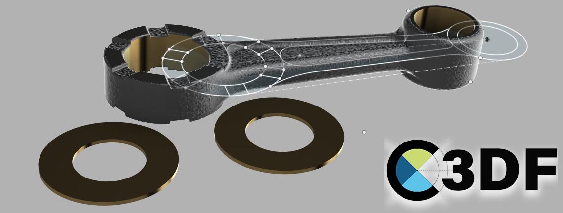 PDF Fusion 360 C3DF Illustration du tome 1 montrant une esquisse 2D et une bielle modélisée en 3D, mise en évidence des étapes de conception et de modélisation technique.