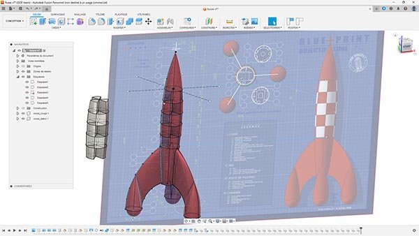 Capture d'écran de Fusion 360 montrant la conception d'un modèle 3D en deux couleurs, avec des pièces distinctes prêtes à être imprimées en bi-couleur.