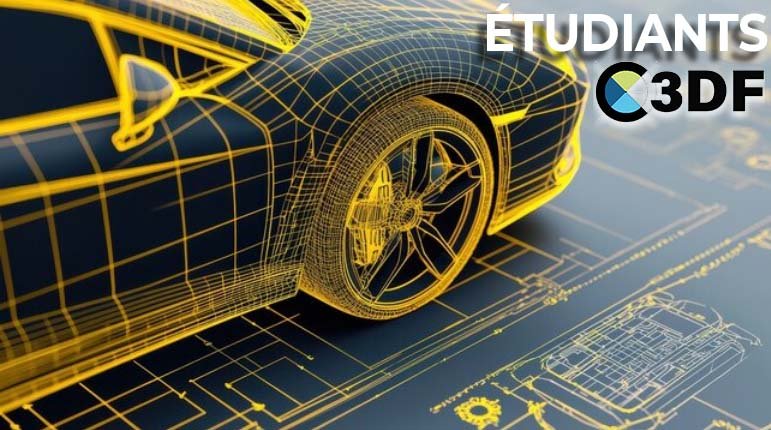 Projet etudiants : Modéliser en 3D un concept car futuriste en CAO, montrant des lignes aérodynamiques et une conception innovante C3DF