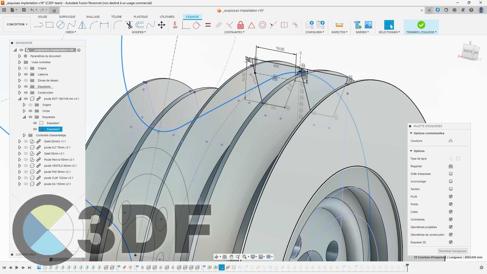 Esquisse du profil d'une courroie, illustrant sa forme et ses dimensions, utilisée dans un système de transmission mécanique modélisé sous Fusion 360