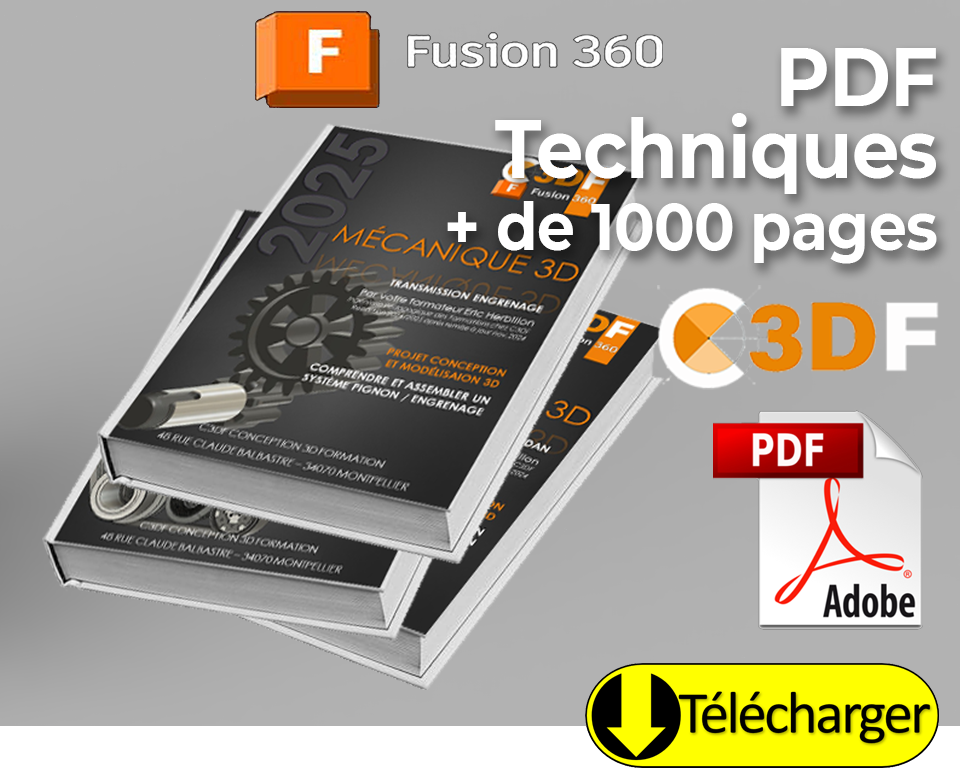 Image présentant un projet de modélisation d'un moteur 2 temps avec Fusion 360, en trois tomes PDF. Chaque tome propose des exercices pratiques : esquisses 2D, modélisation 3D des pièces, et assemblage. Plus de 600 pages d'apprentissage. Disponible individuellement ou en pack avantageux.