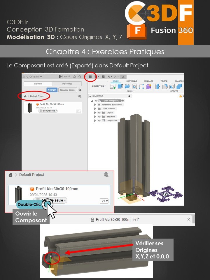 Exemple de création d'un modèle 3D d'un profilé en aluminium (profilé alu 30x30 extrudé) dans Fusion 360, utilisé pour la fabrication de châssis avec vis à griffe (cours PDF C3DF).